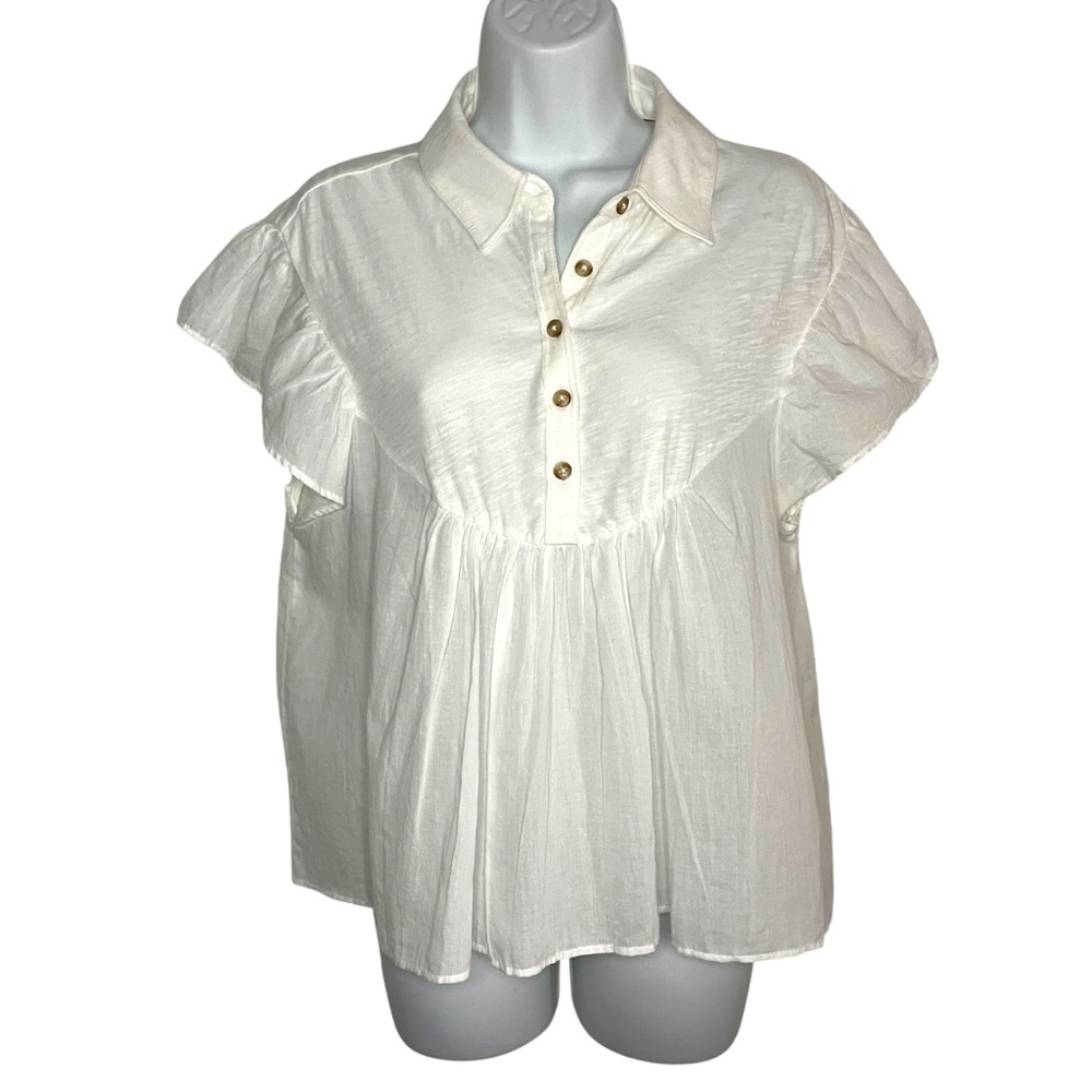 Anthropologie Pilcro White Flutter Sleeve Ruffled Babydoll Blouse Sheer XS